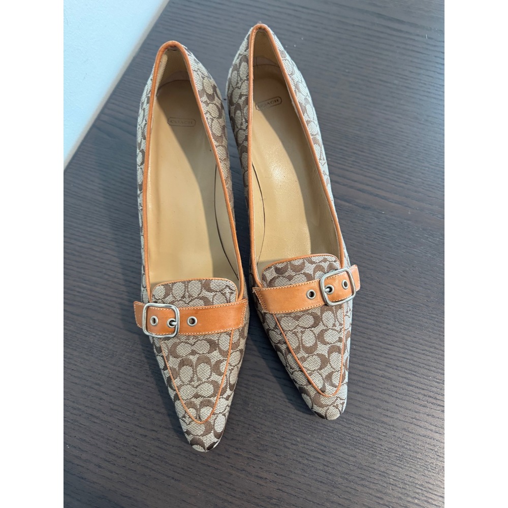 Coach Signature Monogram Pointed Toe Pumps Womens 9B Brown Buckle Detail Heels - Picture 5 of 10